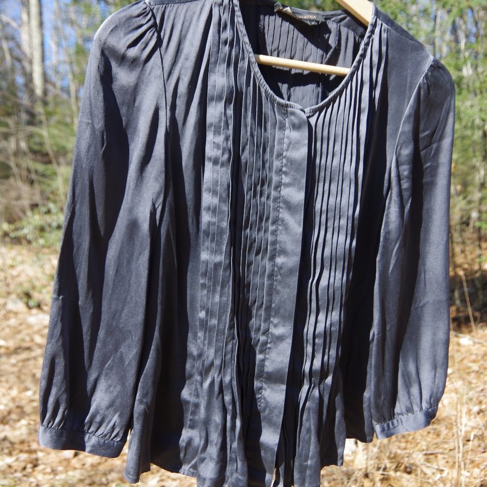 Women's S Silk BCBG Max Azria Tuxedo-Pleat Gray Blouse